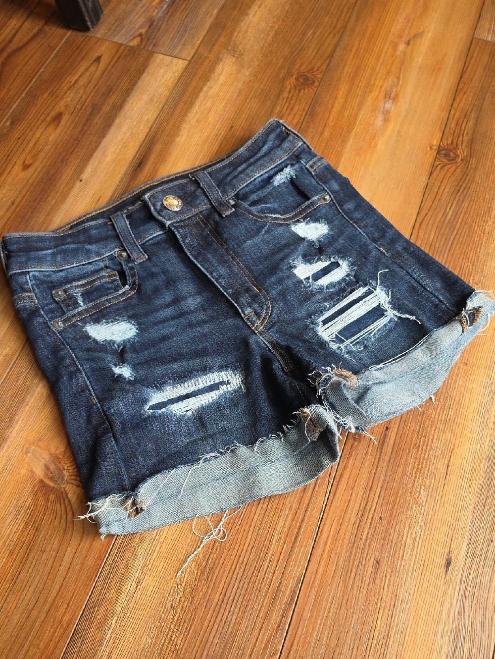 American Eagle Outfitters Dark Blue Distressed Rolled Hem Jean Shorts